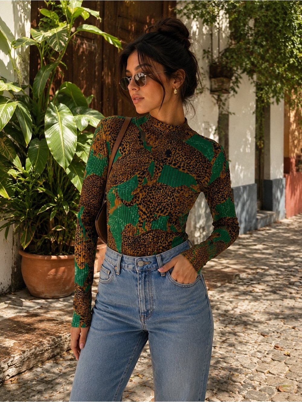 FARM Rio XS Green Leopard Artsy Print Ribbed Bodysuit Mock Neck Long Sleeve Luxe